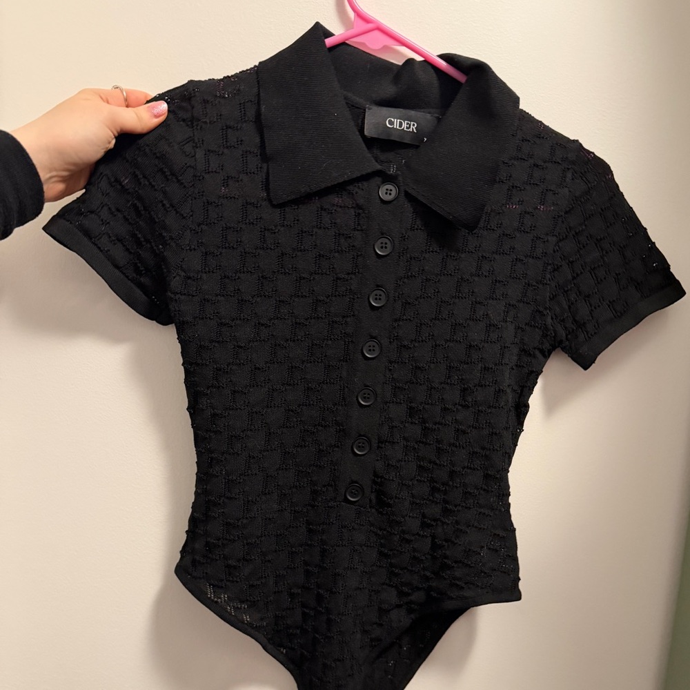 Cider Black Textured Mesh Button-Up Bodysuit